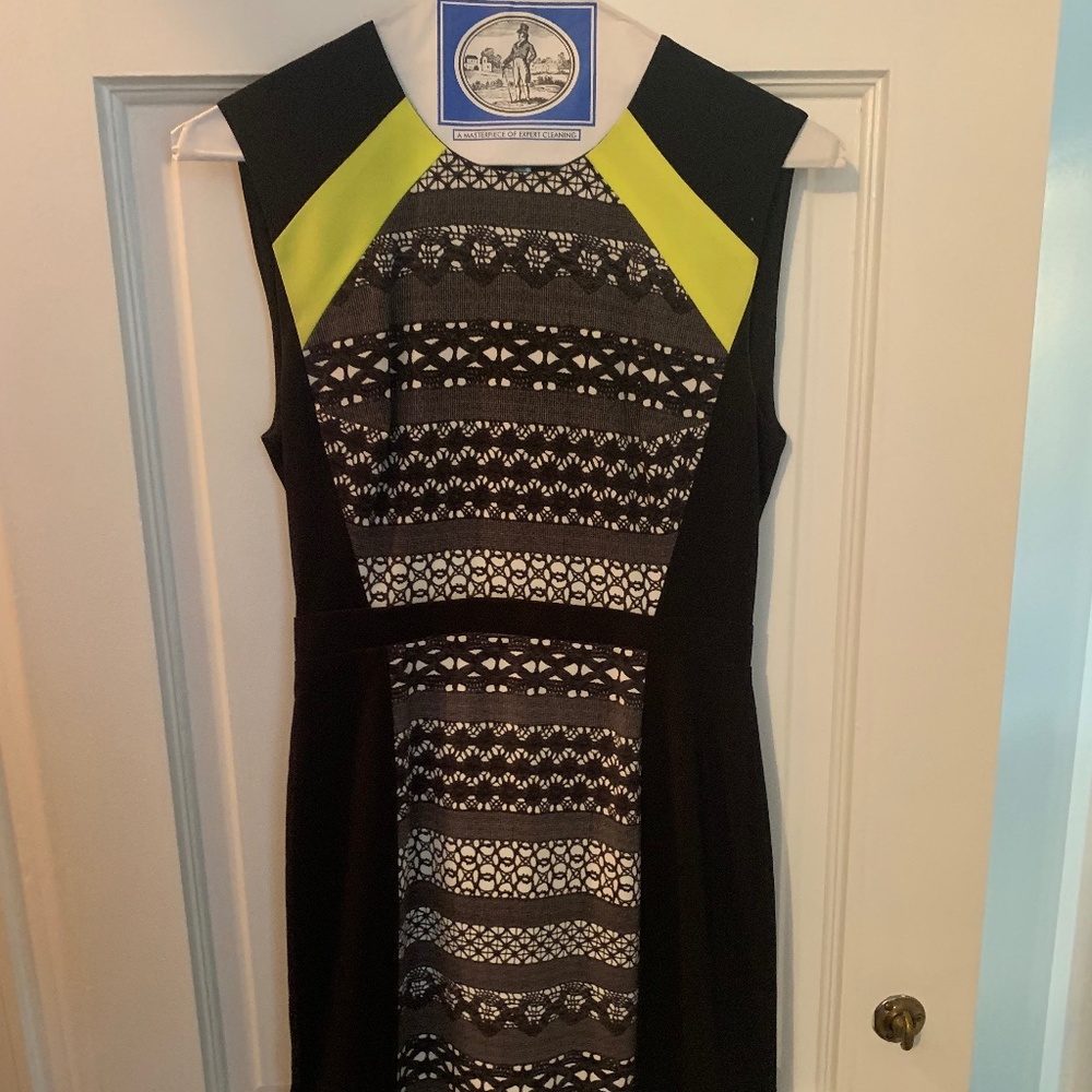 BCBG Maxazria Black Sheath Dress With Lime Green Chartreuse Accents